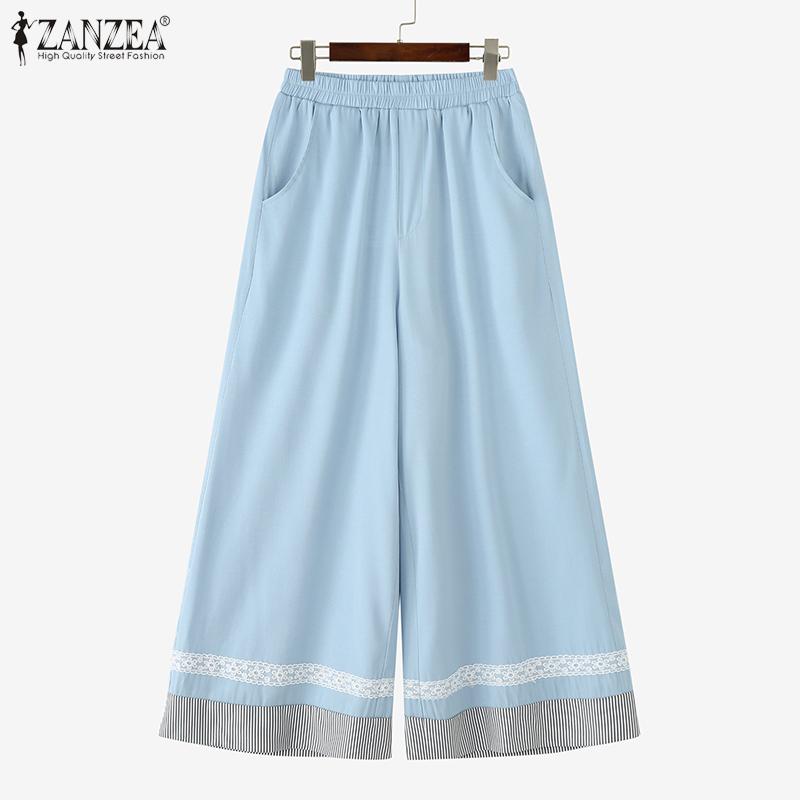ZANZEA Women Casual Elastic Waist Loose Stripe Splice Cropped Pants