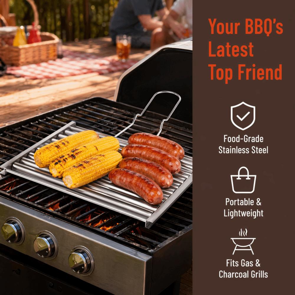 Silver Sausage Roller Rack Foldable Handle Rolling Grill Basket Durable BBQ Grill Rack  Tailgating