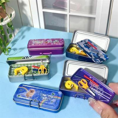 Dollhouse Miniature Double Layer Iron Pencil Box Pen Ruler Measuring Tape Scissors Model Micro Landscape Decor Pretend Play Toy
