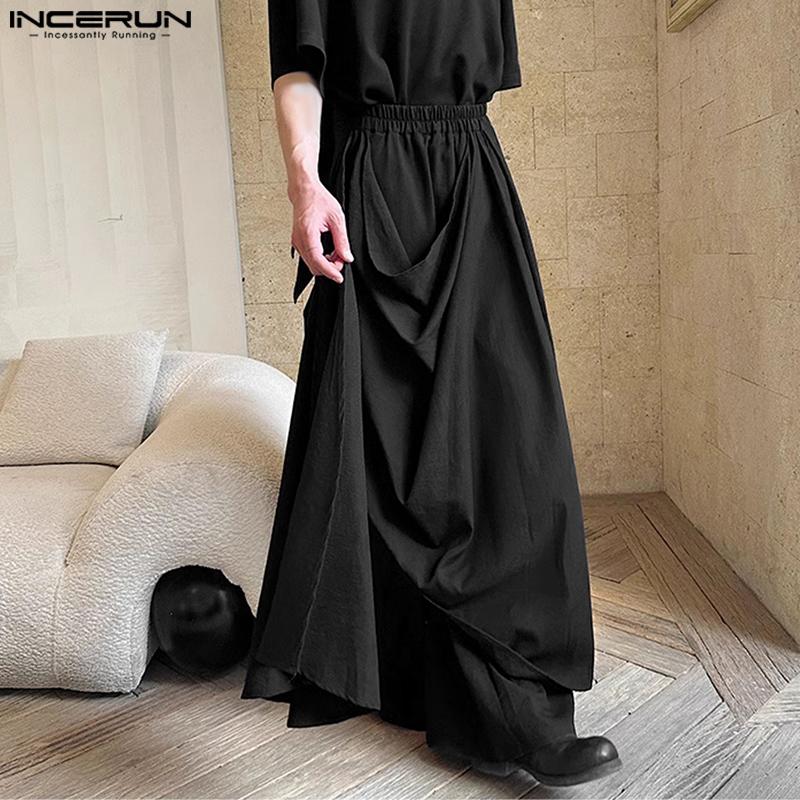 INCERUN Herre Elastisk Midje Uregelmessige Lag Casual Løse Lange Bukser Vide Ben Bukser
