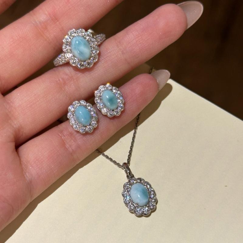 Vintage Fine Inlay Diamonds Sea Patterned Stone Earrings For Women Rings Necklace Luxury Elegant Flower Blue Gem Jewelry Sets