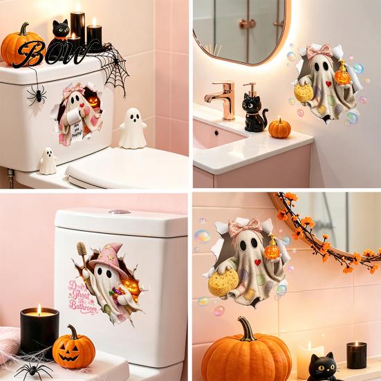 Lifelike Toilet Wall Art Halloween Bathroom Sticker, Cute Ghost Witch Cat Decal, Spooky Decorations Skeleton Are You Pooping Sticker for Decor Cartoon