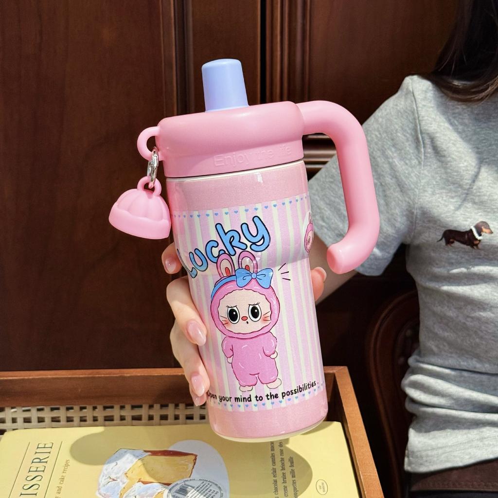 Cartoon Handle Straw Cup Stainless Steel Vacuum Thermos Cup Household Water Cup Office Desktop Cup Gift Cup