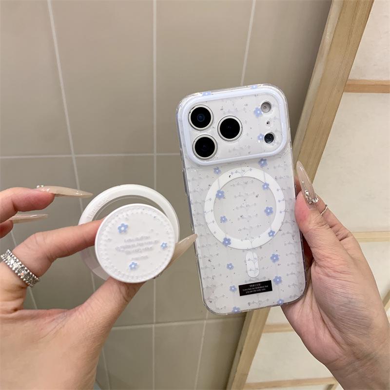 White and Blue Floral Magnetic Stand Case for iPhone 17, 16 Pro Max, 15, and 14 iPhone 16 Pro