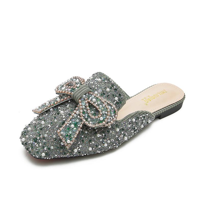 

Large size women s shoes rhinestone bow bag head half slippers women s summer outer wear trendy outer wear sandals 43 зелений