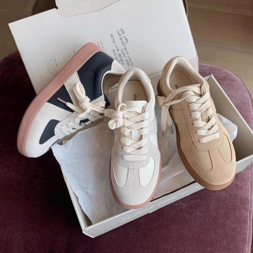 Cowhide Version~ Retro Round Head Color Matching Casual Board Shoes Lace-up Little White Shoes Women's Board Shoes Spring and Autumn New