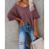 Summer Women V-Neck T-Shirt Waffle Casual Loose Short Sleeve Tee