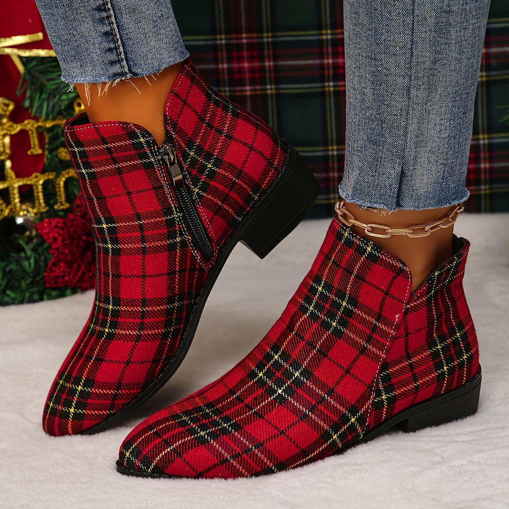 Christmas Style Chunky Low Heeled Ankle Boots - Women's Plaid Side Zipper Short Boots