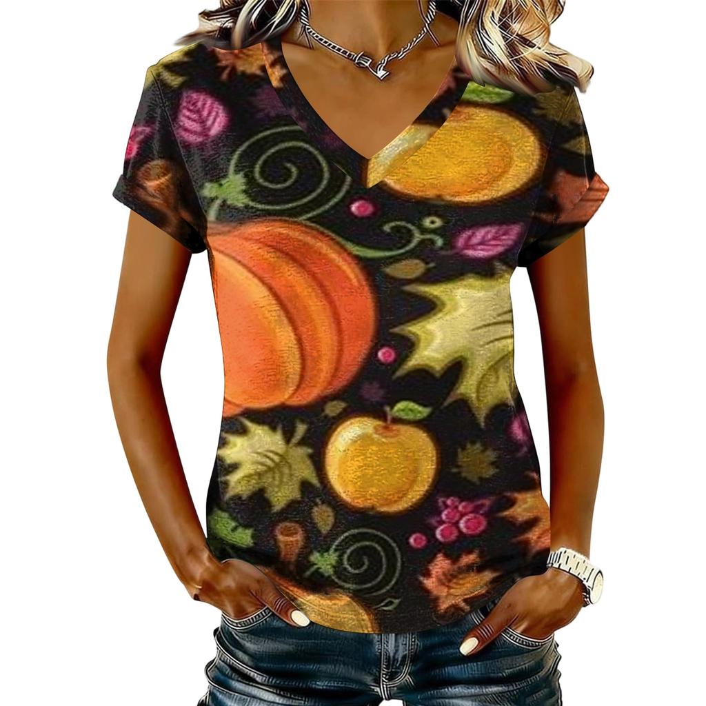 Women's V-Neck Short Sleeve Casual Pullover T-Shirt with Halloween Print