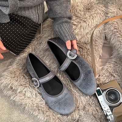 French Single Shoes Women's 2025 Spring New Retro Design Flat Ballet Shoes Shallow Mouth Rhinestone Mary Jane Shoes