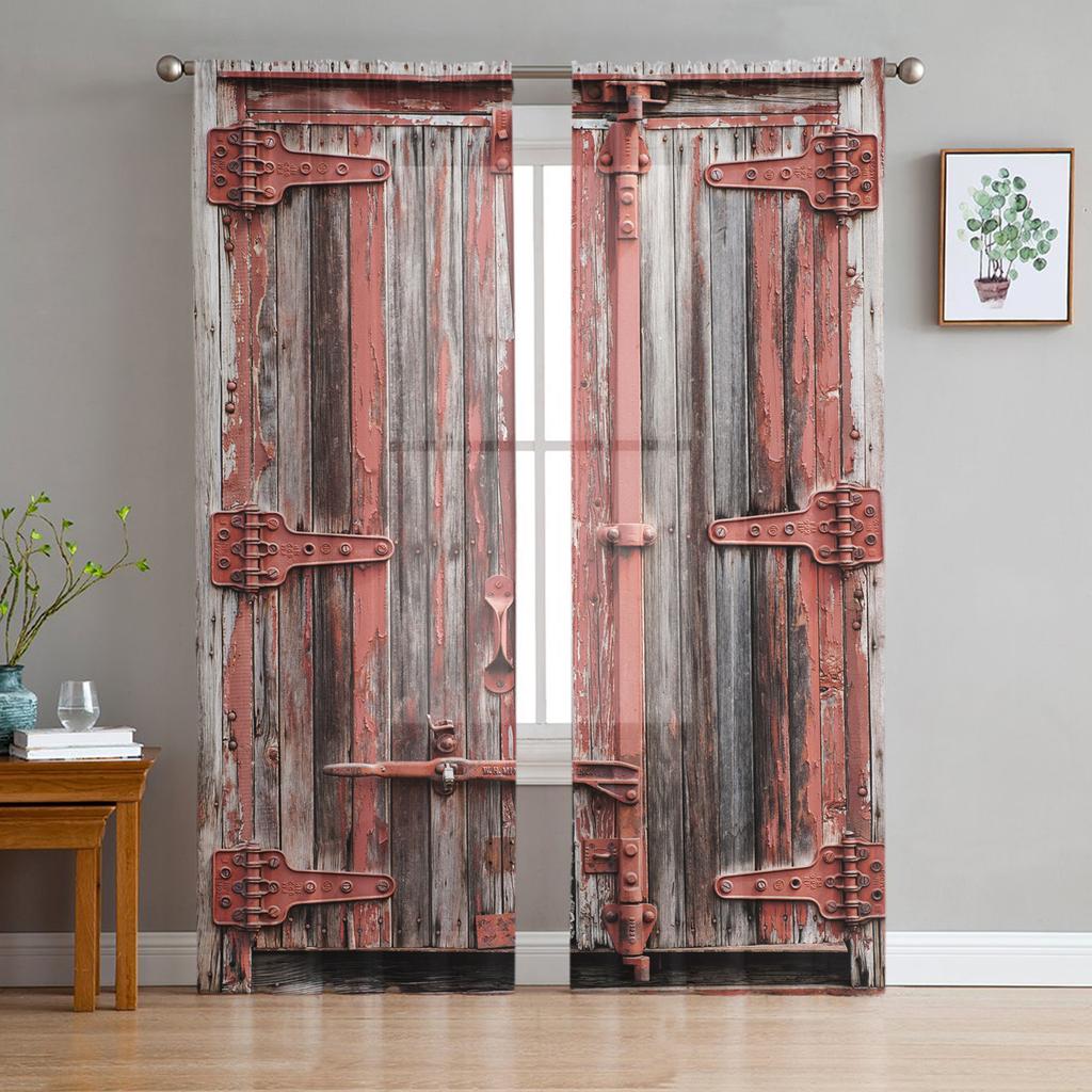 Vintage Wooden Door Doorway Tulle Curtains for Living Room Decoration Modern Chiffon Sheer Voile Kitchen Bedroom Window Curtain