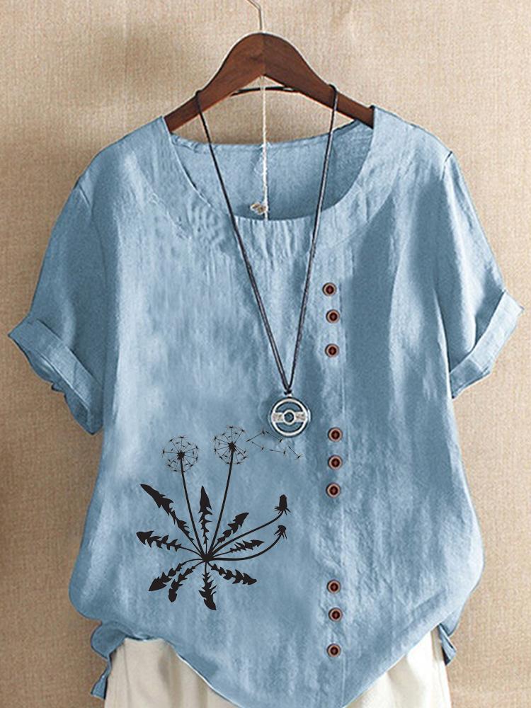 Women's Fashion Black Dandelion Print Shot Sleeve T-shirt Loose Cotton Shirt Casual Loose Summer Blouse Tops Plus Size