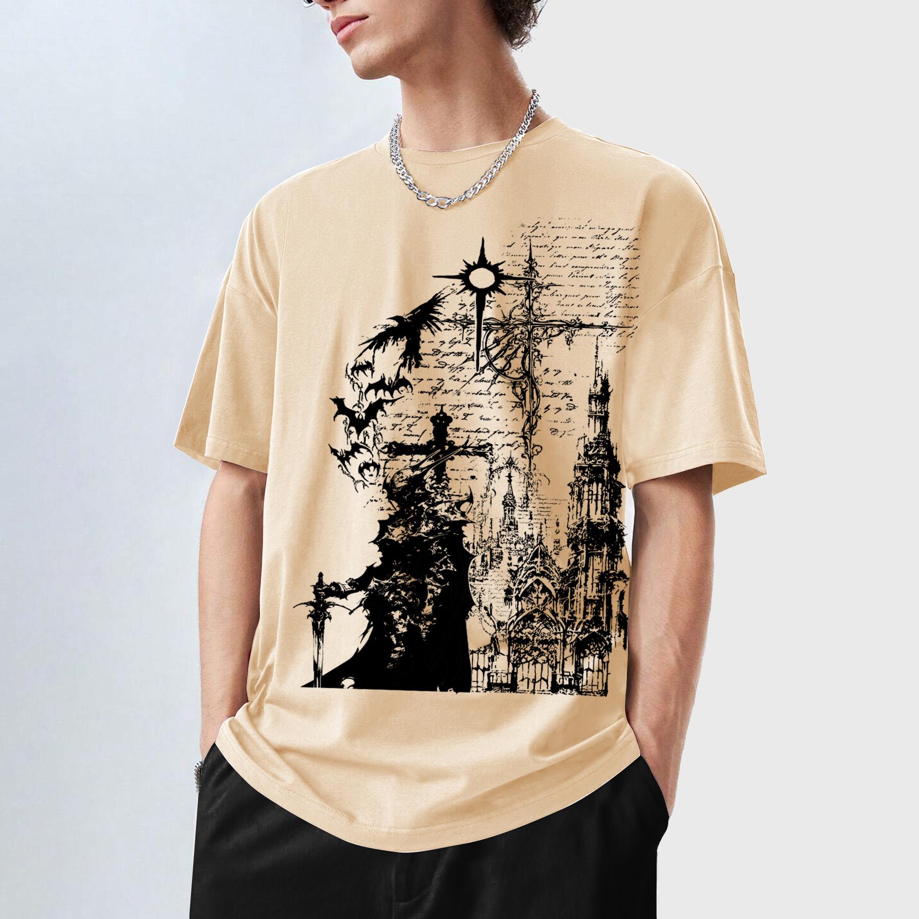 

Gothic Dark Cross Graffiti Print Short-Sleeve T-Shirt High-street, loose-fitting, versatile, and perfect for everyday wear in a trendy casual style L бежевый
