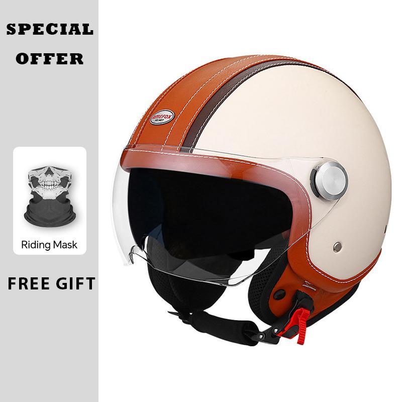 DOT Approved Jet Helmet Double Visor Leather 3/4 Open Face Helmet Safety Motorcycle Helmets Daul Lens Man Women Four Seasons