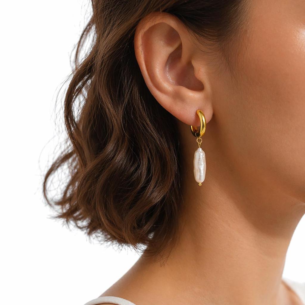 Cross-Border Fashionable Pearl Baroque Hoop Earrings, 18K Stainless Steel, High-End Look, Fade-Resistant.