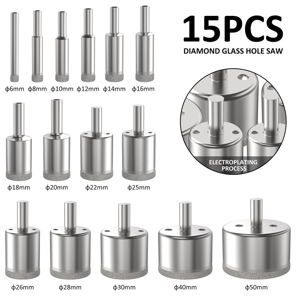 15PCS Diamond Coated Drill Bits Glass Hole Saw 6-50mm 15 Sizes Glass Hole Opener Tile Marble Granite Hole Opening