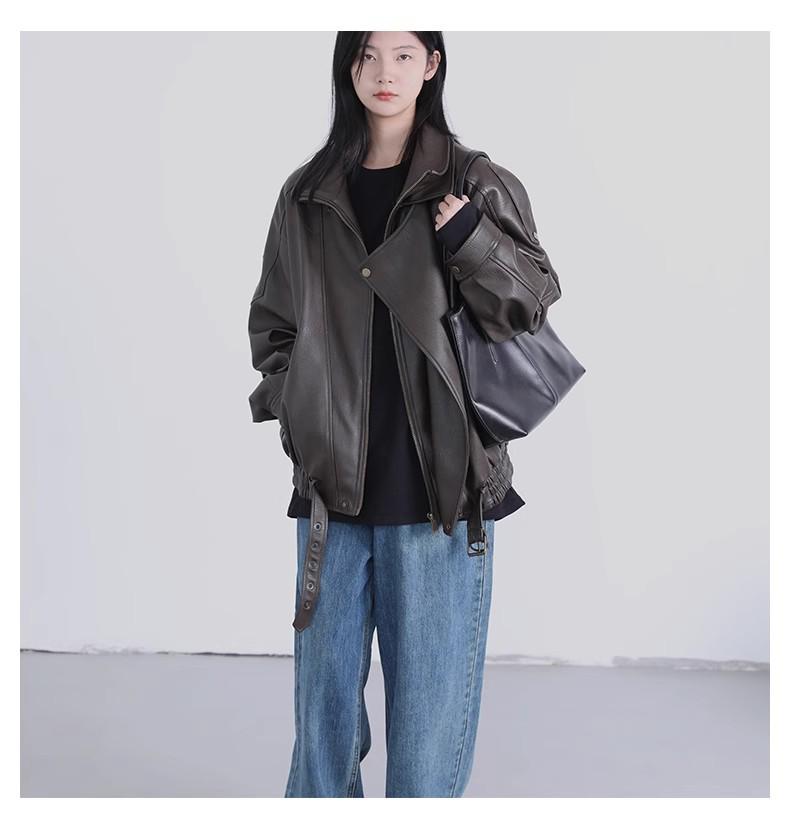 Retro Stand Collar Motorcycle PU Leather Jacket - Autumn/Winter Hong Kong Style, Loose and Versatile Outerwear