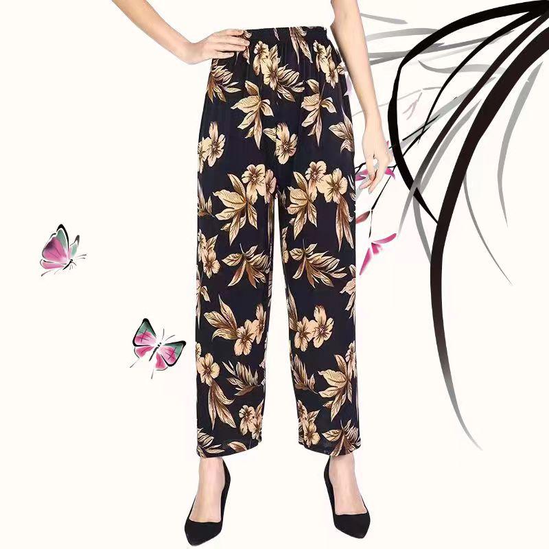 Atmungsaktive Blumendruck-Neunpunkt-Hose in Übergröße für Frauen mittleren Alters und ältere Frauen - Sommer-Eisseide, Lockeres gerades Bein Design