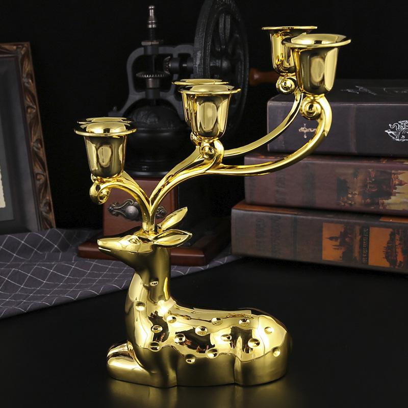 European Retro Candlestick Wedding Hotel Romantic Candlelight Dinner Six-headed Metal Golden Deer Candlestick Wedding Decoration Props