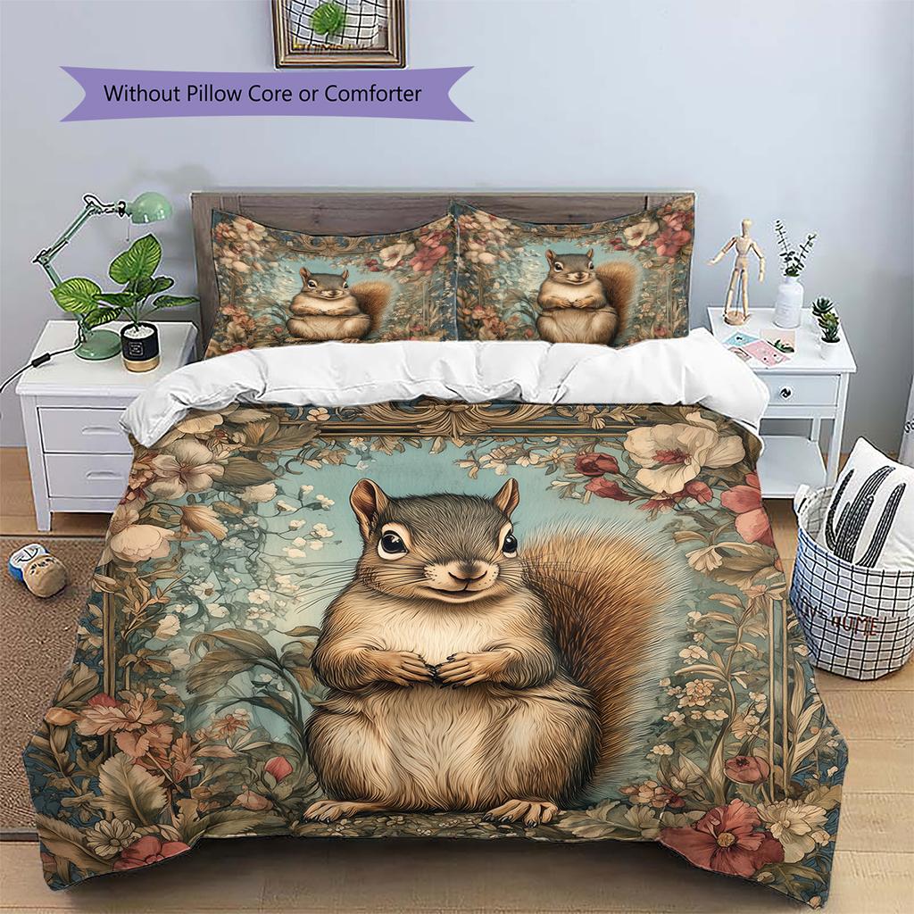 Squirrel Pattern Bedding Home Decoration Birthday Gift (1 * Duvet Cover + 2 * Pillowcase, Without Core)