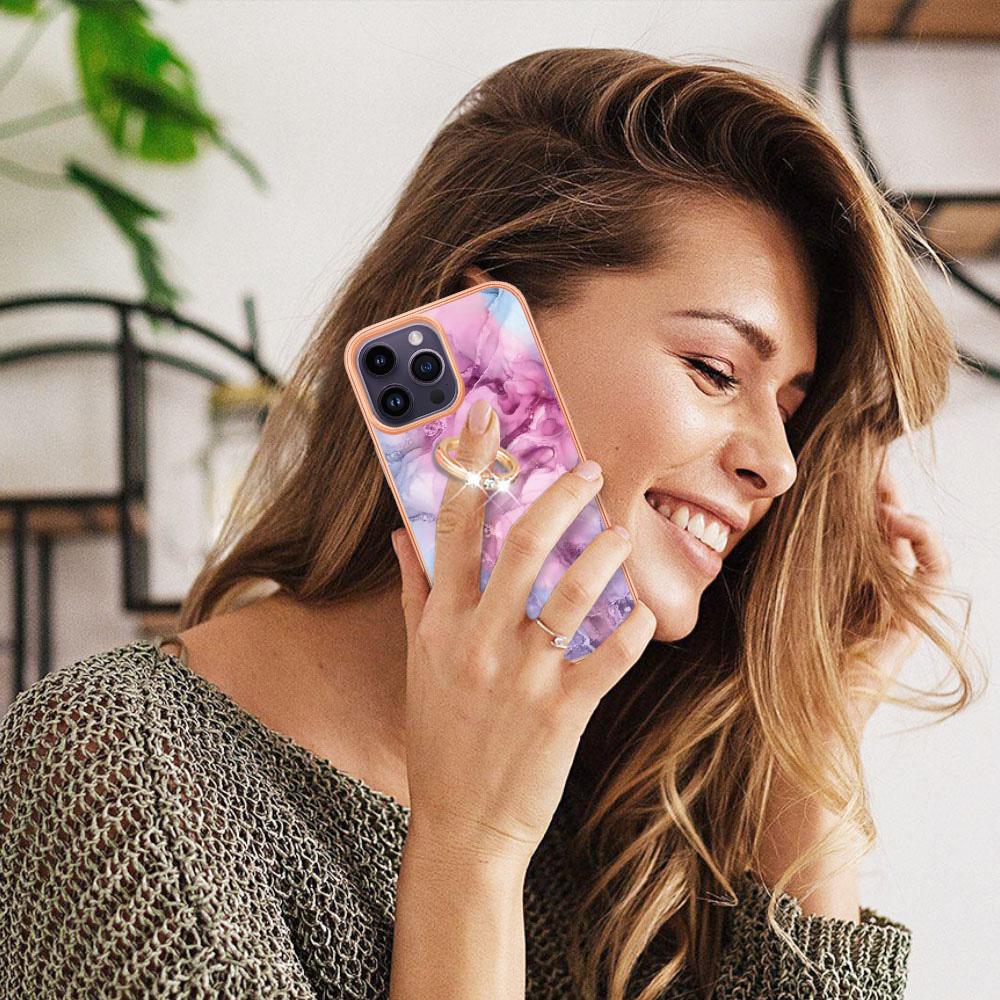 YB IMD Series-17 Style-E for iPhone 15 Pro Max Ring Kickstand 2.0mm TPU Phone Case IMD Marble Pattern Back Cover
