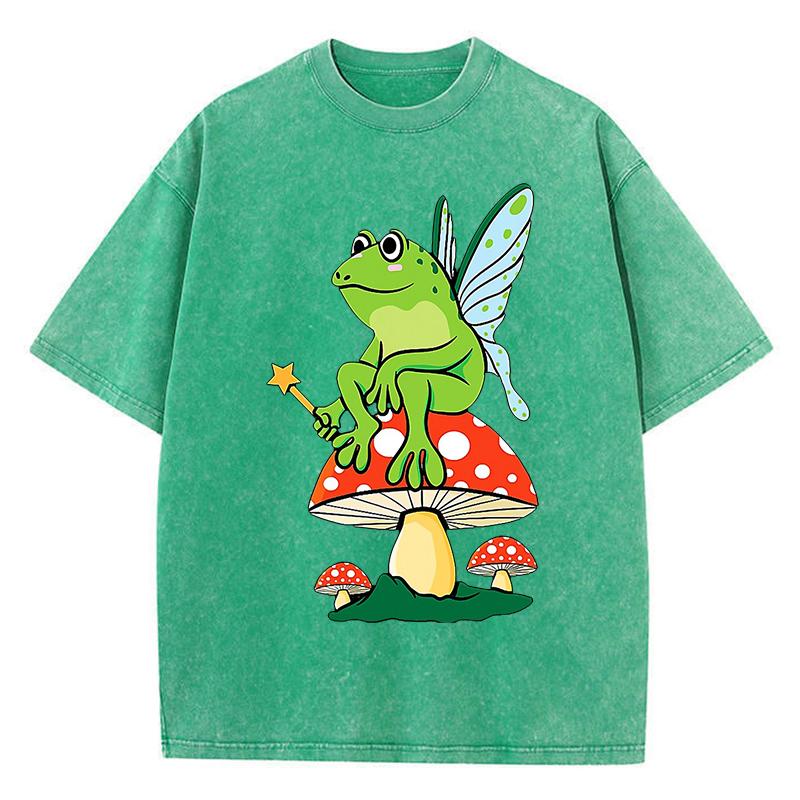 Frosch FeeCore Pilz Druck Damen Gewaschenes T-Shirt Baumwolle Lässig T-Shirt Locker Hip Hop Kurzarm Vintage Kleidung