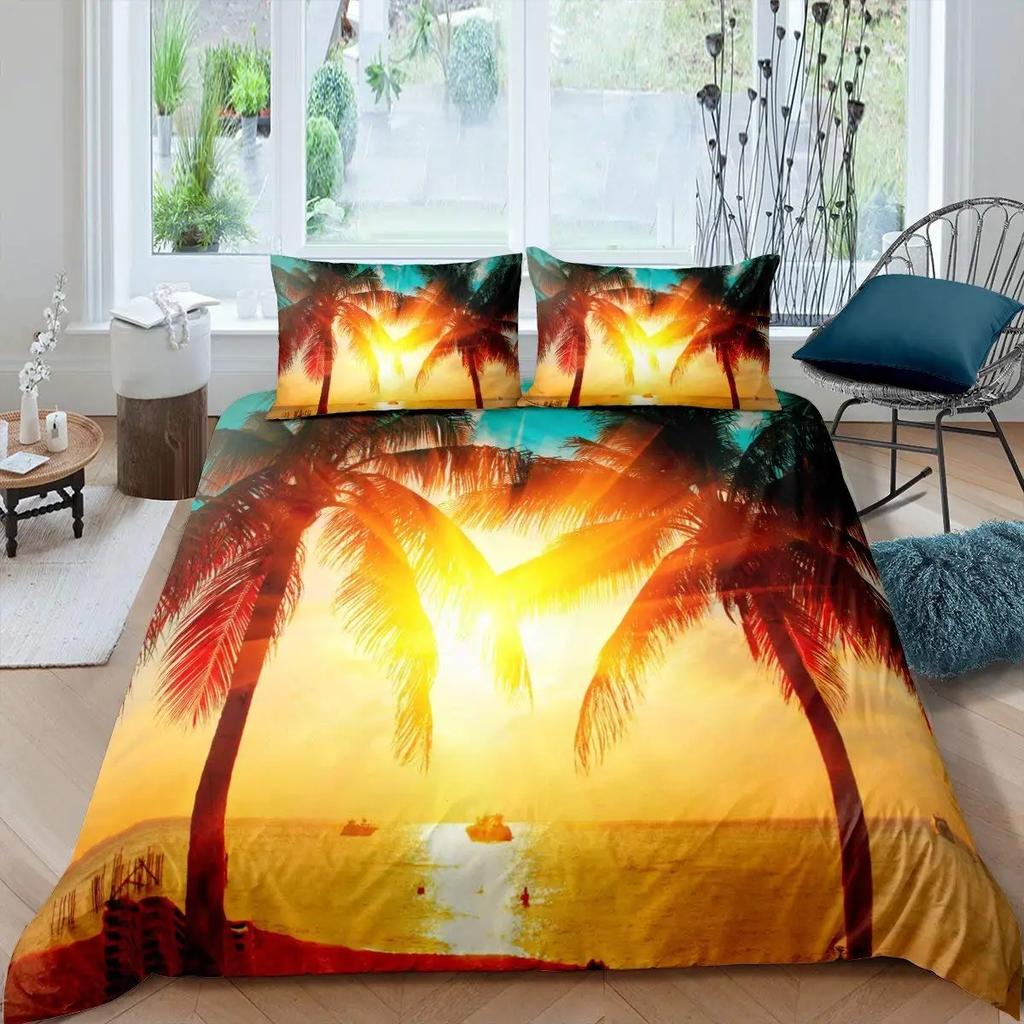 Comforter Tropical Coconut Tree King Queen Surfboard Palm Leaf Bedding Set Summer Ocean Polyester Comforter
