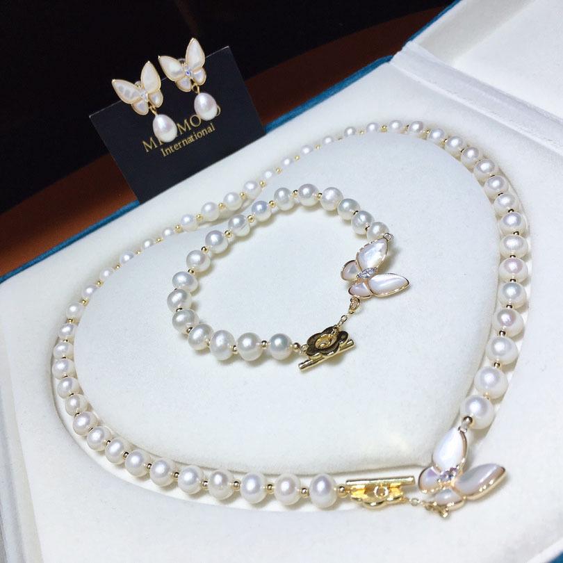 6-7mm Freshwater Pearl Necklace Set with Mother-of-Pearl Butterfly & Five-Petal Flower, Includes Bracelet & Earrings.