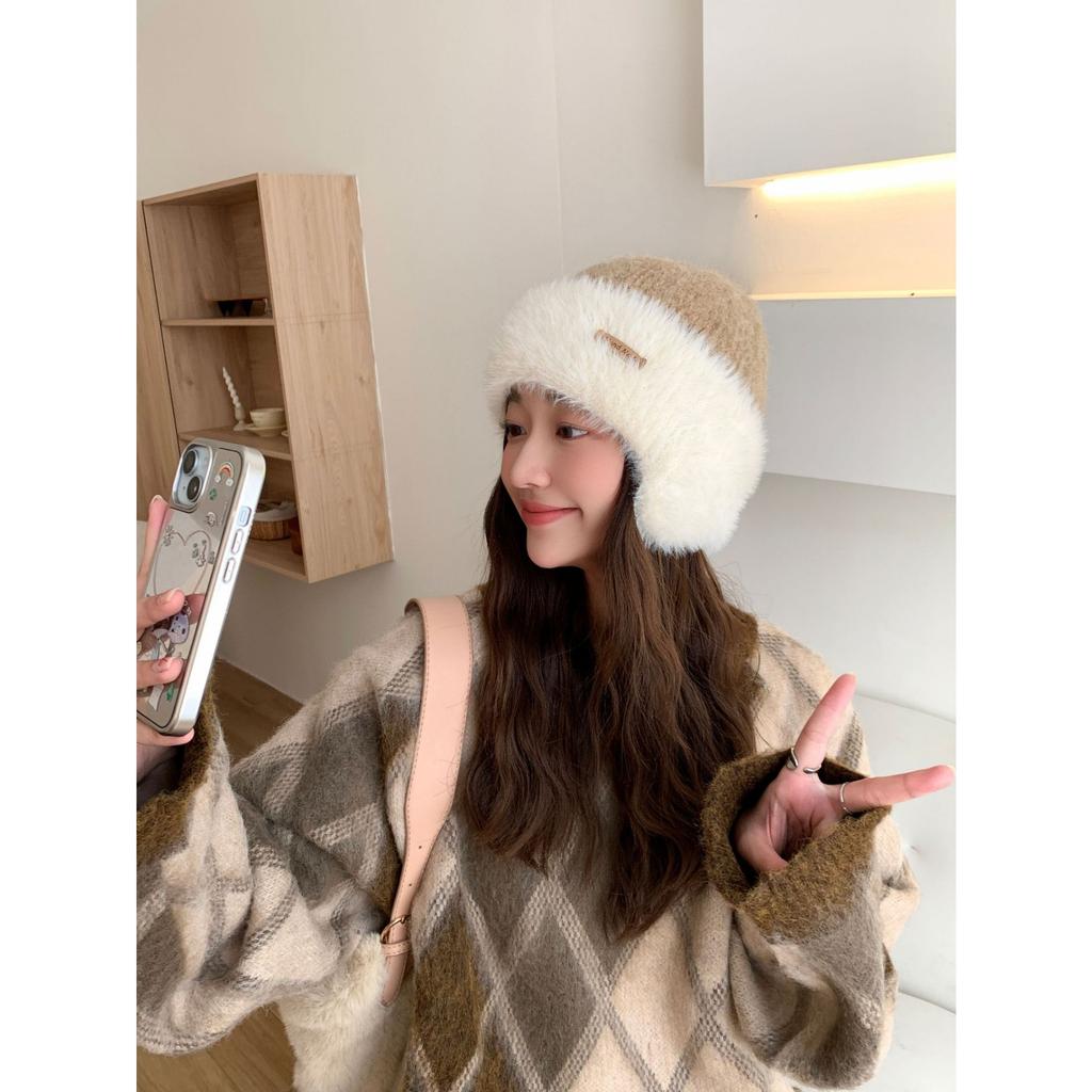 Hat Women's Big Head Circumference Knitted Wool Hat Winter Warm Thickened Plush Hat Versatile Contrasting Color Ear Protector Cold Hat