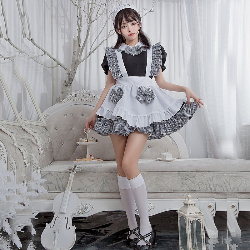 Halloween Costume Lolita Maid Outfit Cook's Daily Black and White Plaid Cosplay Maid Lolita Dress