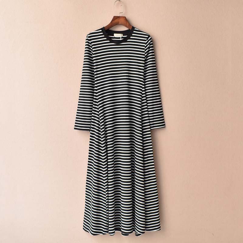 

Оригинальный заказ внешней торговли Весенне-осеннее платье из чистого хлопка с длинными рукавами, с контролем талии, с большим подолом до щиколотки, платье большого размера, длинная женская юбка Black and white stripes XL 62.50 kg-67.50 kg shot