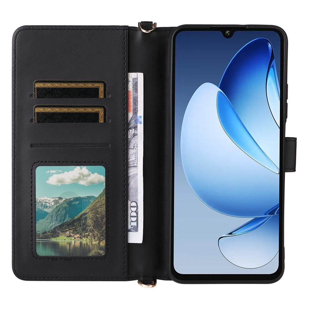 For Oukitel C60/C60 Pro Case with Shoulder/Wrist Strap Leather Phone Cover Stand Wallet