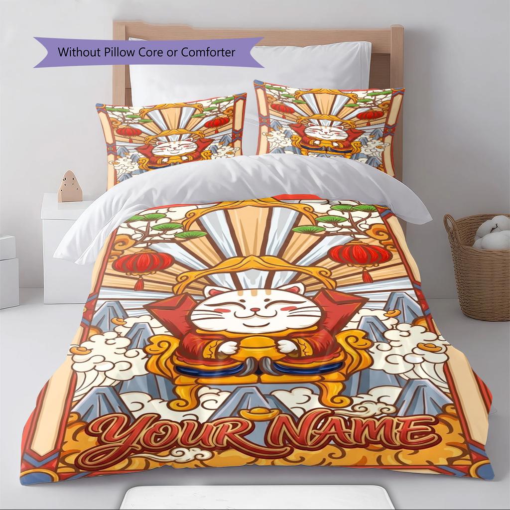 Name Custom Maneki-Neko Pattern Bedding Set Quilt Cover Pillowcase Home Decor Gift (1 * duvet cover + 2 * pillowcase, without core)