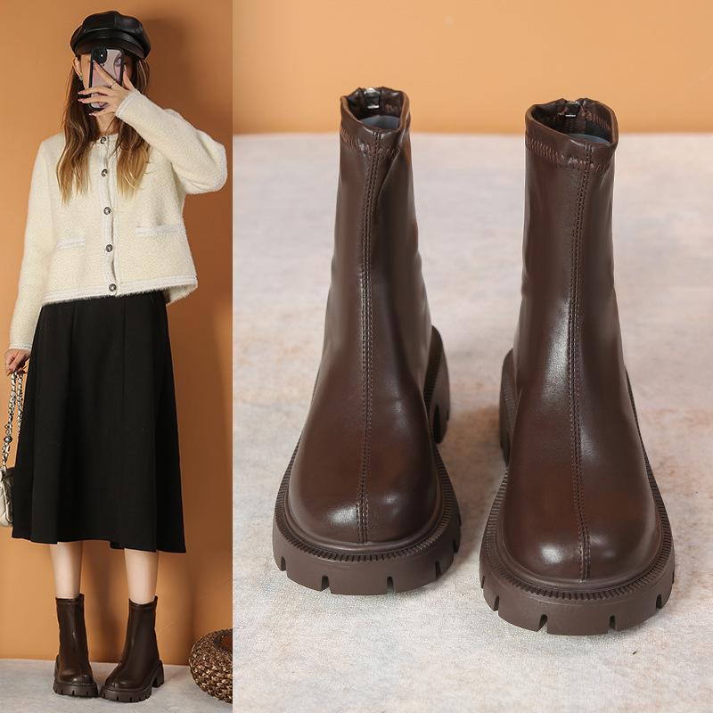 thick-soled Martin boots women's new spring and autumn single boots rear zipper round head thick heel thin short boots