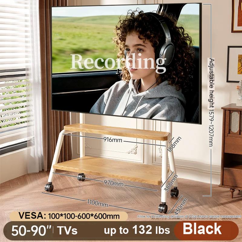 Mobile TV Stand Rolling TV Cart with Wheels for Most 32-90 Inch TV Stand with Double Wooden Shelf Height Adjustable Heavy-Duty