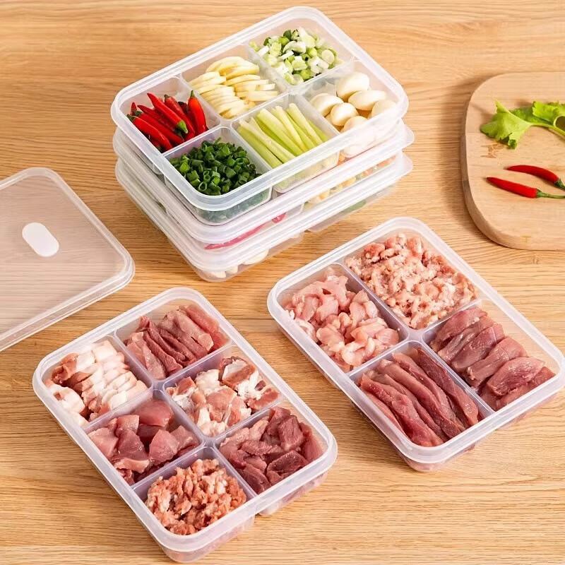 Food-Grade, Frozen Meat Compartment, Fresh-Keeping Box, Freezer-Specific, Transparent Container for Portioning, Four Compartments, 2 Pieces