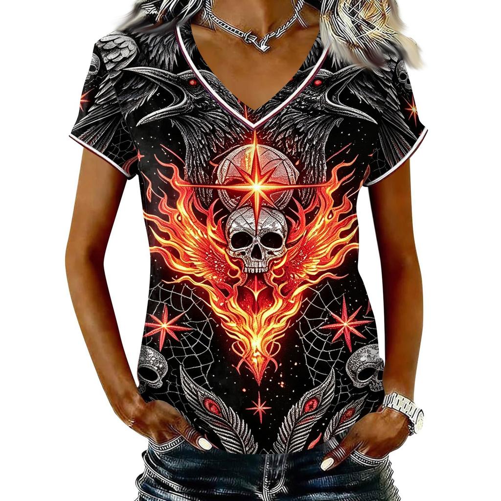 Women's V-Neck Short Sleeve T-Shirt with Halloween Print for Casual Wear