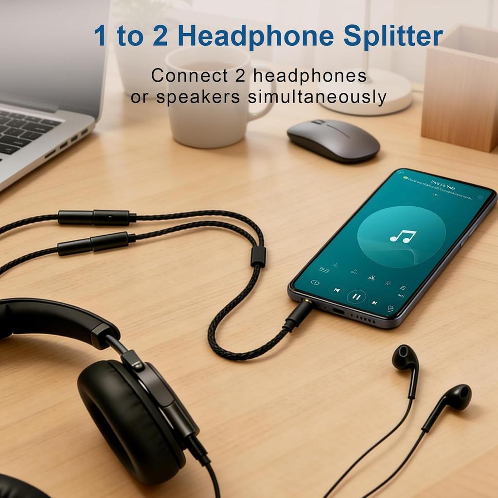 Headphone Splitter, Premium Gold Plated 3.5mm Aux Cable Y Audio Splitter, Nylon Braided Stereo Dual Headphone Jack Cord 1 in 2 Way Out Headset