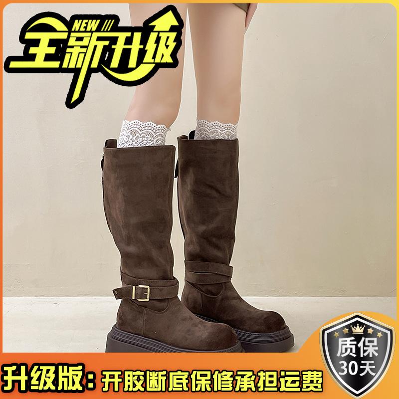 Piaohong retro suede round head thick heel thick-soled boots women's 2025 autumn and winter new belt buckle versatile knight boots