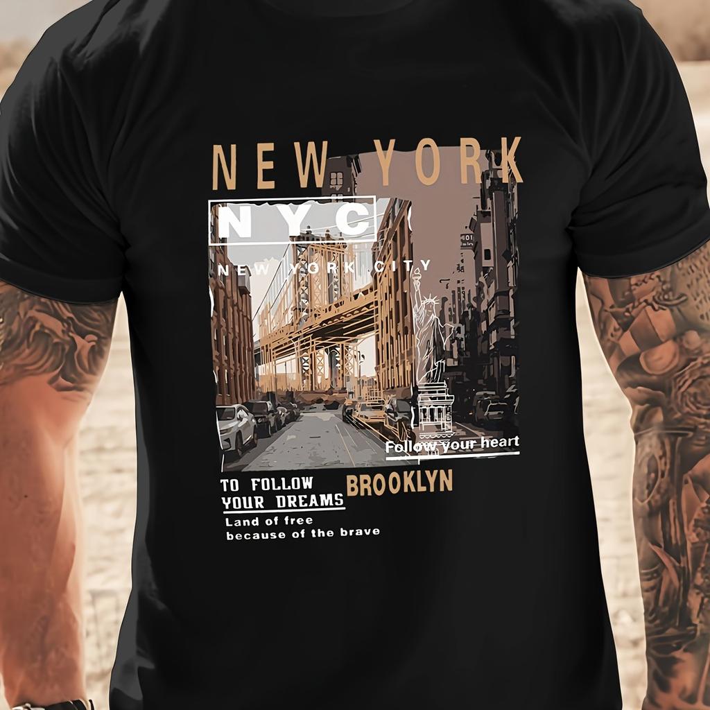 Men's Pure Cotton Summer Loose Casual New York Printed Round Neck Short Sleeved Street Soft Breathable T-shirt Large Size