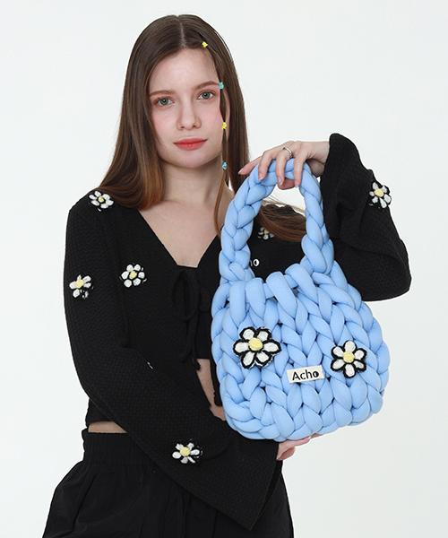Acho Daisy Flower Knitted Pompon Tote Bag_Blue