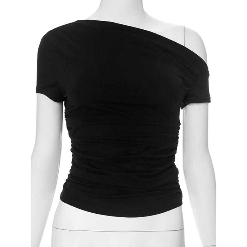 Summer Short Sleeve Slim Fit Casual Crop Tops New Slanted Shoulder Street Wear Women T-shirt Fashion Pleated T Shirt Solid Short Tees