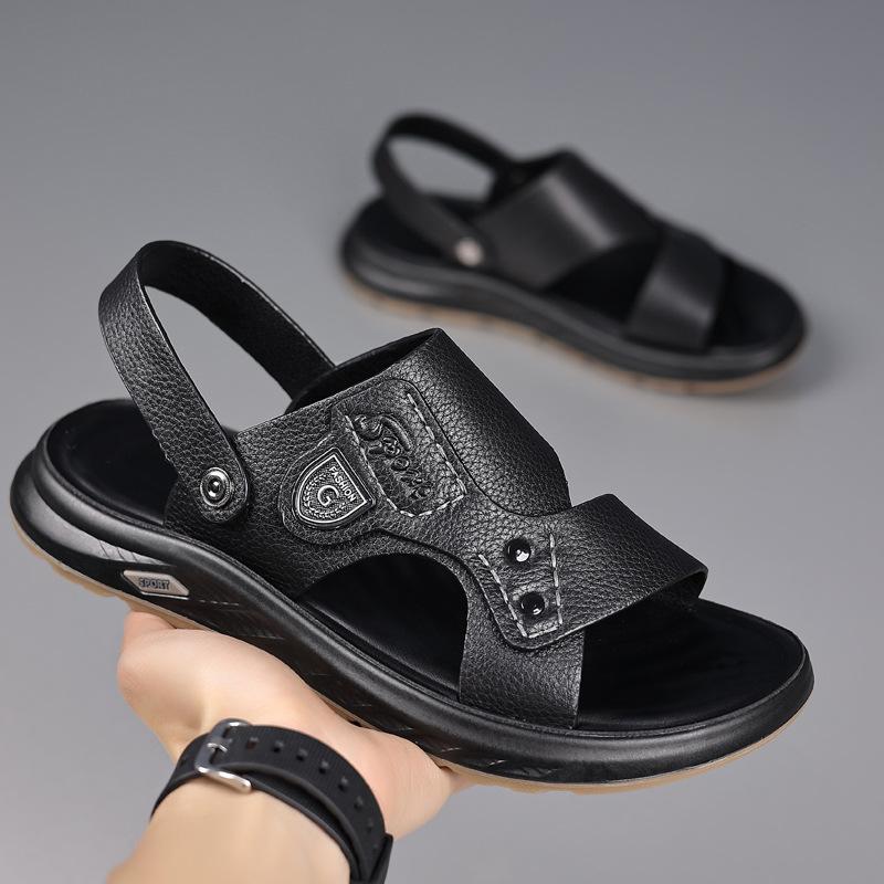 

Мужские сандалии кожаные летние коровья кожа пляжная обувь 2025 новые для вождения нескользящие двойного назначения папа мужские сандалии 38 чёрный