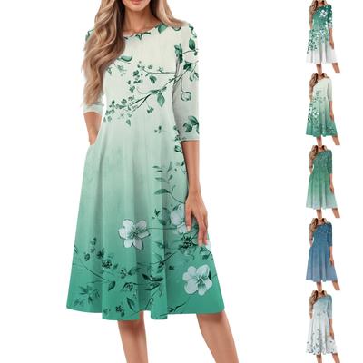 Women's Casual Fashion Round Neck Three Quarter Sleeve Print Midi Dress