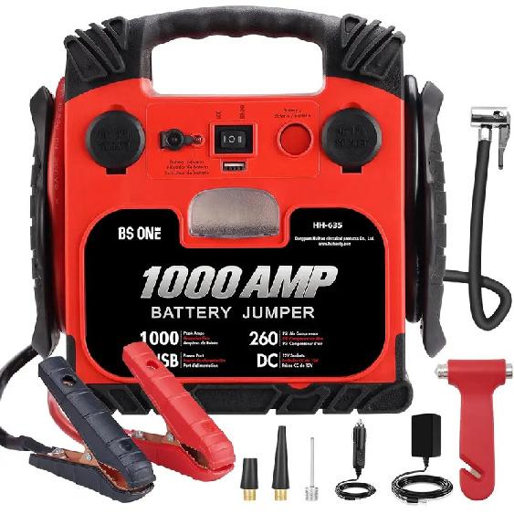 1000A Peak Car Jump Starter with Air Compressor, LED Light & USB Output for 12V Batteries