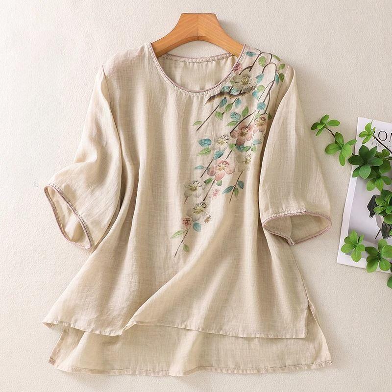 Top Retro in Stile Cinese in Cotone Lino da Donna Estivo Sottile Largo Maniche Corte Camicia T-shirt