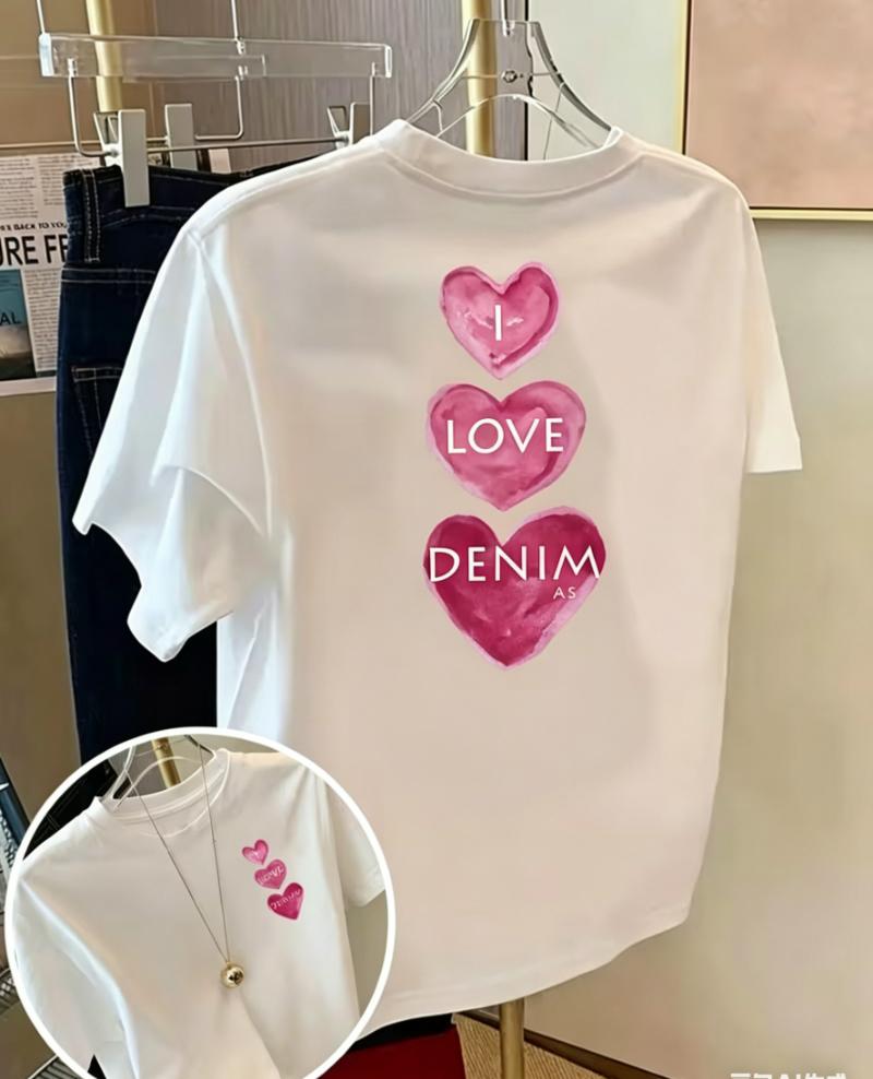Spring Summer Heart Print T-shirt I Love Denim Graphic Short Sleeve Tops Men Women Casual Loose Streetwear Daily Wear Tee