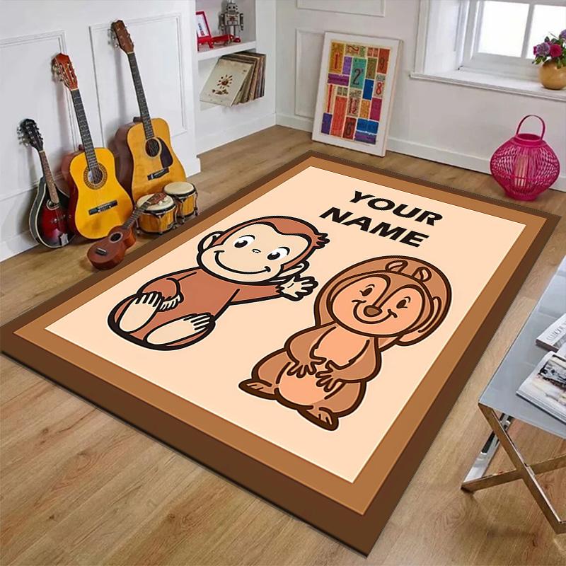 Custom Curious George Mat Personalized Name, Polyester Washable Indoor Entryway Rug, Gift for Christmas, Easter, Thanksgiving Day