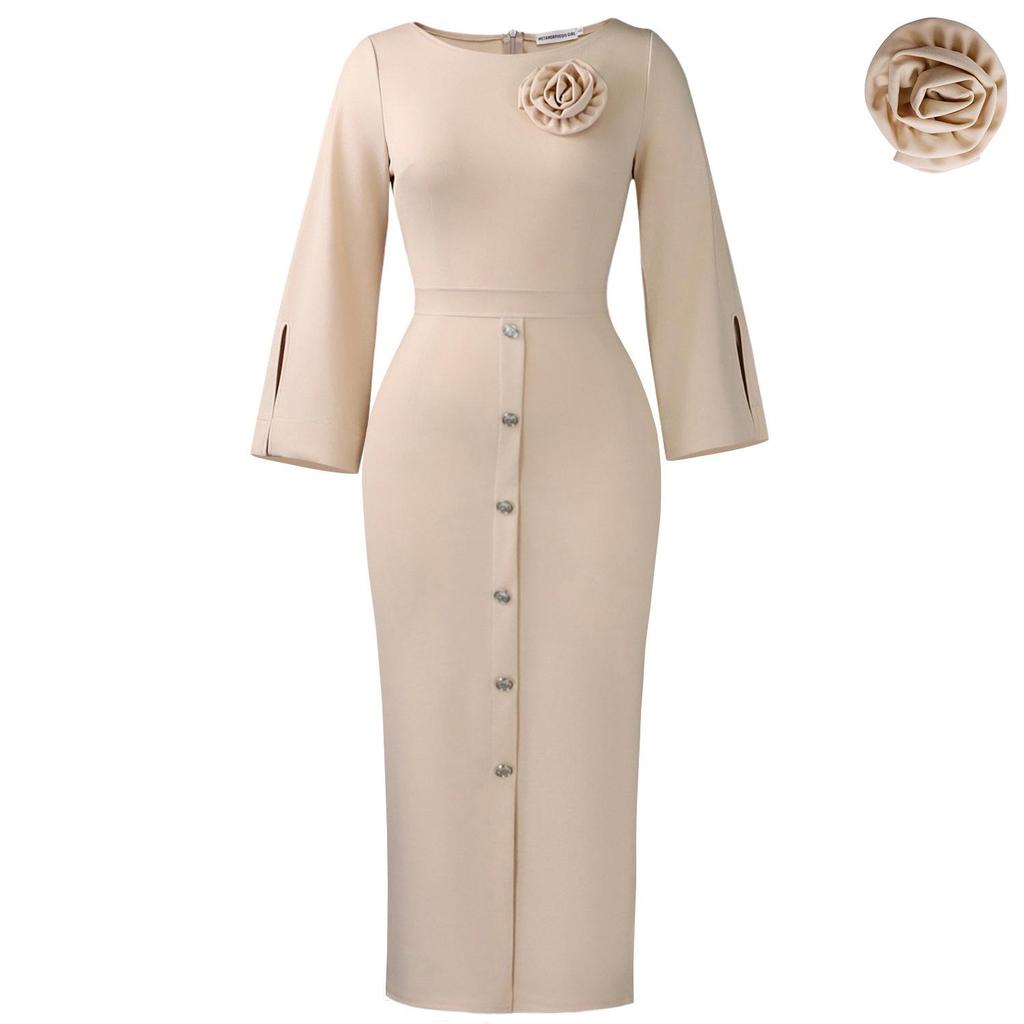 D609 Women's 2025 Autumn Elegant Round Neck Dress with 3D Flower Decoration