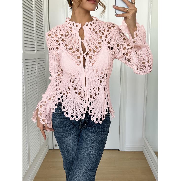 2026 Autumn New Lace Hollow Out Solid Color Top Fashionable Casual Long Sleeve Shirt for Women